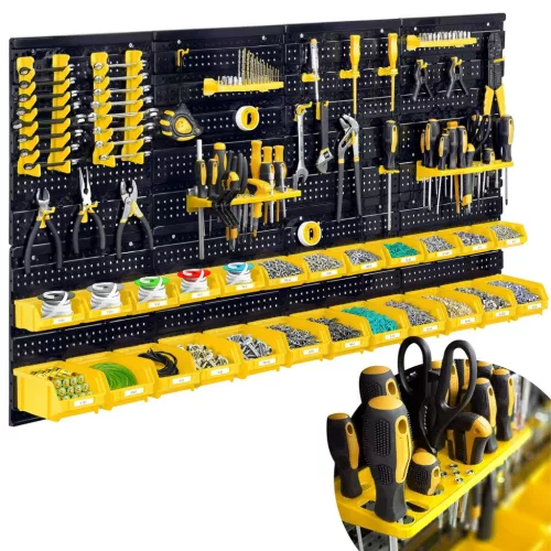 Fali szerszámtartó panel, Humberg HM-580, fekete/sárga, 128 x 76 cm, 6 db panel, 54 db kiegészítő (tárolók, kampók, polcok, kulcstartók) (TE558001)