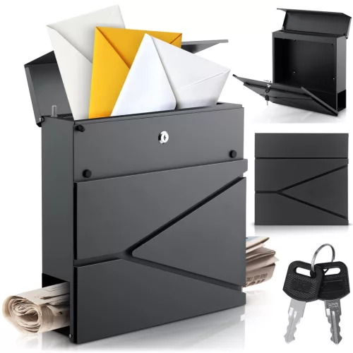 Postaláda, Humberg HM-862, antracit, 37 x 37 x 10,5 cm, galvanizált acél, porszórt, újságtartóval, csillapított ajtó, cilinderzár, 2 kulccsal