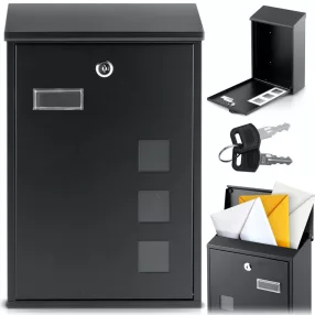   Postaláda, Humberg HM-864, fekete, 39 × 25,5 × 12 cm, galvanizált acél, porszórt, időjárásálló, csendes, felső bedobónyílás, zár 2 kulccsal, ellenőrzőablak