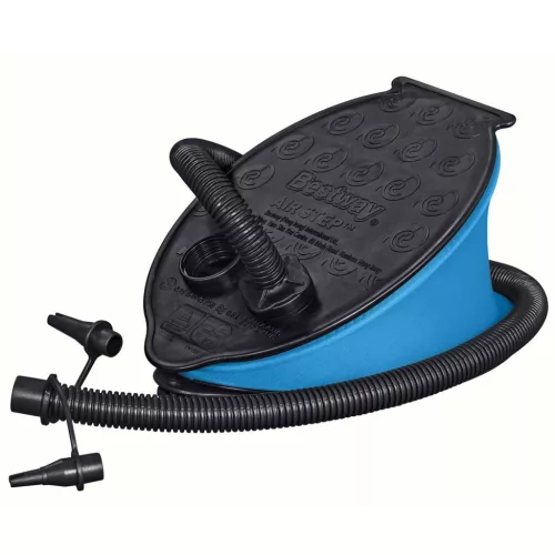 Lábpumpa, BESTWAY, fekete/kék, 0,8 l/ciklus, 23 x 15 cm, 3 cserélhető fúvóka, felfújás és leeresztés funkció, rugalmas tömlővel (62023)