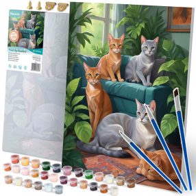   Számfestő készlet, Massido, macskák minta, 40 x 50 cm, színes, vászon, ecsetekkel és vízbázisú festékekkel