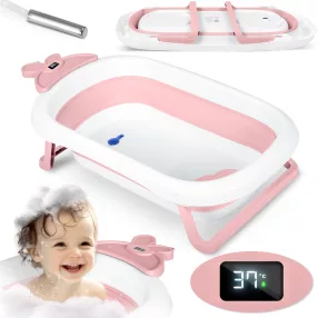   Utazó gyerekkád, Ricokids RK-282, fehér/rózsaszín, 96 x 51 cm, összecsukható, LCD hőmérővel, hőérzékelős dugóval, teherbírás: 45 kg, 0–6 éves korig