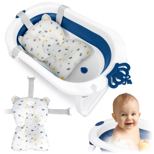 Utazó gyerekkád, Ricokids RK-286, fehér/kék, 86 x 48 cm, 45 l, összecsukható, hőérzékelős dugóval, kivehető párnával, teherbírás: 55 kg, 0-3 éves korig