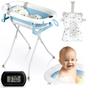   Utazó gyerekkád, Ricokids RK-287, fehér/kék, 85 x 45 cm, 45 l, összecsukható, hőmérővel, hőérzékelős dugóval, kivehető párnával, állvánnyal, teherbírás: 45 kg, 0-3 éves korig