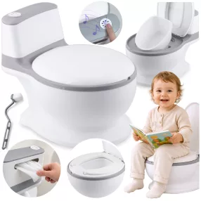   Gyerek bili, Ricokids RK-290, fehér/szürke, WC-szerű kialakítás, fedéllel, kivehető tartállyal, puha ülőkével, stabil, műanyag, hangjelzéssel, csúszásgátló talp, teherbírás: 40 kg, elemes (3 x R44 - tartozék)