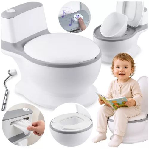 Gyerek bili, Ricokids RK-290, fehér/szürke, WC-szerű kialakítás, fedéllel, kivehető tartállyal, puha ülőkével, stabil, műanyag, hangjelzéssel, csúszásgátló talp, teherbírás: 40 kg, elemes (3 x R44 - tartozék)