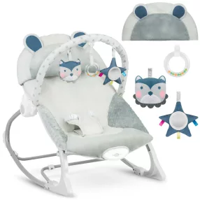   Gyerek pihenőszék, Ricokids, szürke, 53 x 39 cm, levehető játékhíd, 2 fokozatú dönthetőség, mosható huzat, hárompontos biztonsági öv, vibrációs, elemes (LR20 1,5 V, nem tartozék), 9 / 18 kg teherbírás
