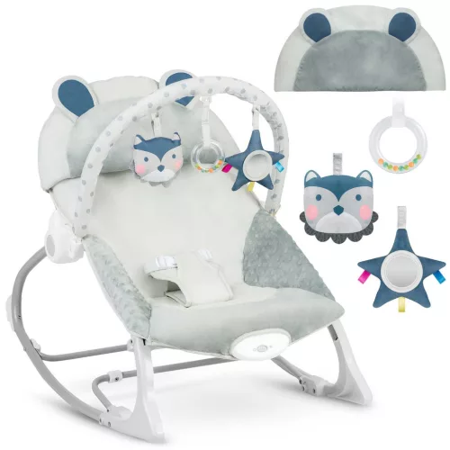 Gyerek pihenőszék, Ricokids, szürke, 53 x 39 cm, levehető játékhíd, 2 fokozatú dönthetőség, mosható huzat, hárompontos biztonsági öv, vibrációs, elemes (LR20 1,5 V, nem tartozék), 9 / 18 kg teherbírás