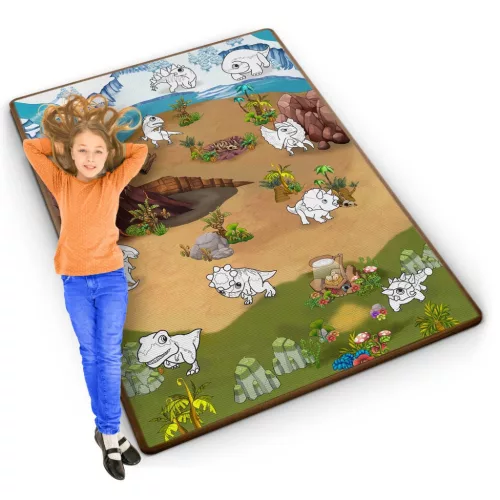 Játszószőnyeg, Ricokids RK-343, dinoszaurusz minták, 120 x 92 cm, színezhető, letörölhető, vízálló, feltekerhető, EVA hab, 6 db lemosható filctoll készlettel, 0,3 cm vastag