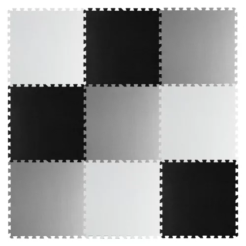 Játszószőnyeg, Ricokids 738230, fekete/fehér/szürke, 180 x 180 cm, 9 db-os kirakós szett, összeilleszthető elemek, vastagság: 1 cm, EVA hab