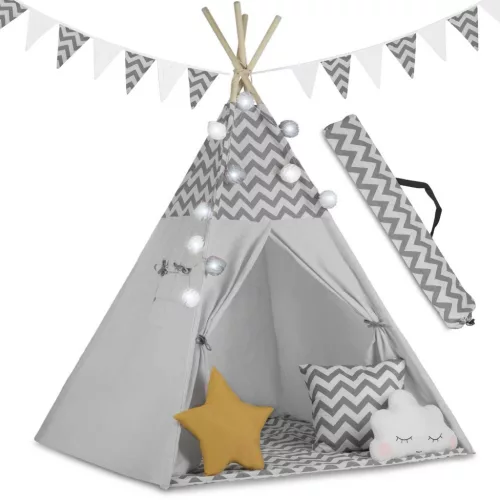 Gyereksátor, Nukido Tipi, fényfüzérrel, 120 x 120 x 165 cm, szürke, 175 g/m2 pamut, fenyőfa rudak, 3 párna és szigetelő szőnyeg, hordtáska