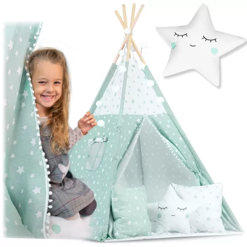 Gyereksátor, Nukido Tipi, fényfüzérrel, 120 × 120 × 165 cm, menta, csillagmintás, pamut, 3 párna, szigetelő szőnyeg, hordtáska