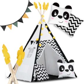   Gyereksátor, Nukido Tipi, Panda minta, 120 x 120 x 160 cm, fehér-fekete, girlanddal és fényfüzérrel, 2 párna, hőszigetelő szőnyeg