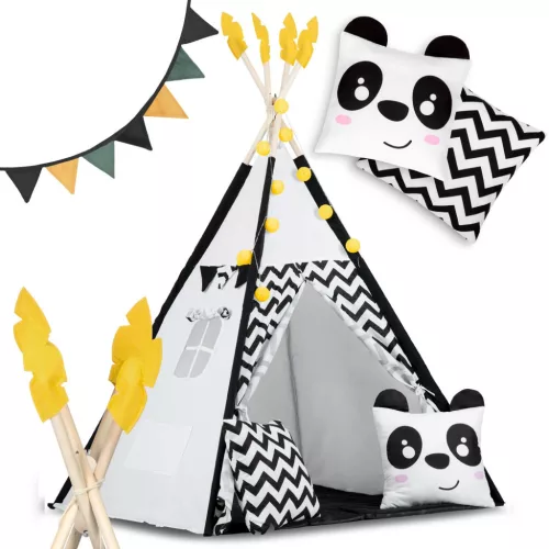 Gyereksátor, Nukido Tipi, Panda minta, 120 x 120 x 160 cm, fehér-fekete, girlanddal és fényfüzérrel, 2 párna, hőszigetelő szőnyeg