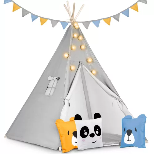 Gyereksátor, Nukido Tipi, fényfüzérrel, 120 x 120 x 165 cm, szürke, Montessori stílusú, pamut, fenyőfa rudak, 3 párna, szőnyeg