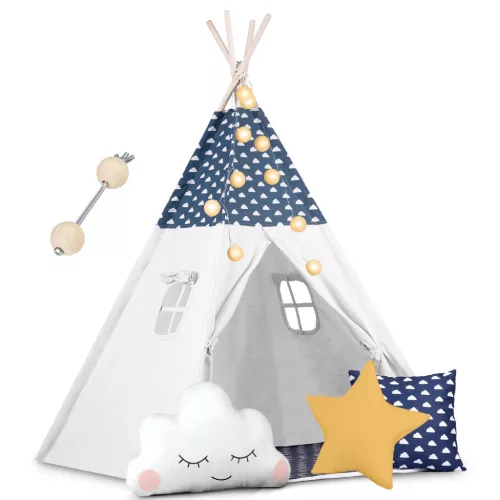 Gyereksátor, Nukido Tipi, fényfüzérrel, 120 x 120 x 165 cm, sötétkék, prémium pamut, fenyőfa rudak, 3 párna, vastag szigetelő matrac