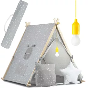   Gyereksátor, Nukido Tipi, lámpával, 116 × 107 × 110 cm, szürke, pamut, fenyőfa rudak, 2 párna és vastag matrac, hordtáska