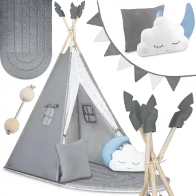   Gyereksátor, Nukido NK-406 Tipi, 116 x 116 x 165 cm, szürke, 3 párna, vastag csúszásgátlós matrac, stabilizátor, fenyőfa rudak