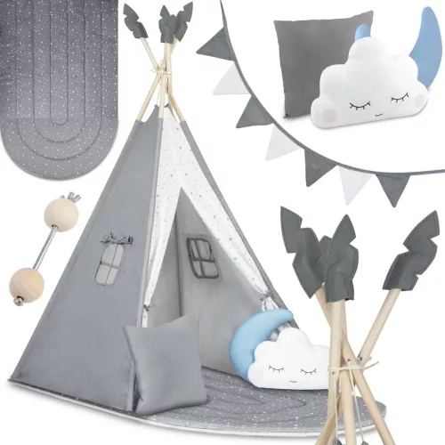 Gyereksátor, Nukido NK-406 Tipi, 116 x 116 x 165 cm, szürke, 3 párna, vastag csúszásgátlós matrac, stabilizátor, fenyőfa rudak