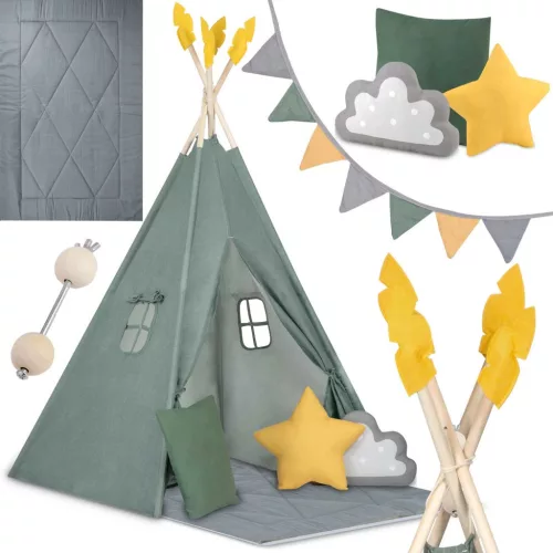 Gyereksátor, Nukido NK-406 Tipi, 116 x 116 x 165 cm, zöld, 3 párna, vastag csúszásgátlós matrac, stabilizátor, fenyőfa rudak
