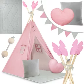   Gyereksátor, Nukido NK-406 Tipi, 116 x 116 x 165 cm, pink, 2 párna, vastag csúszásgátlós matrac, stabilizátor, fenyőfa rudak
