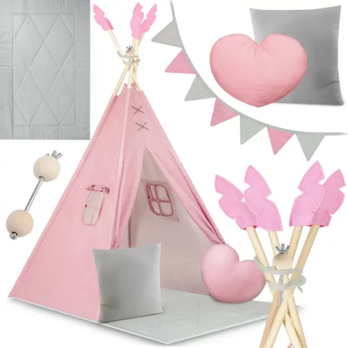 Gyereksátor, Nukido NK-406 Tipi, 116 x 116 x 165 cm, pink, 2 párna, vastag csúszásgátlós matrac, stabilizátor, fenyőfa rudak