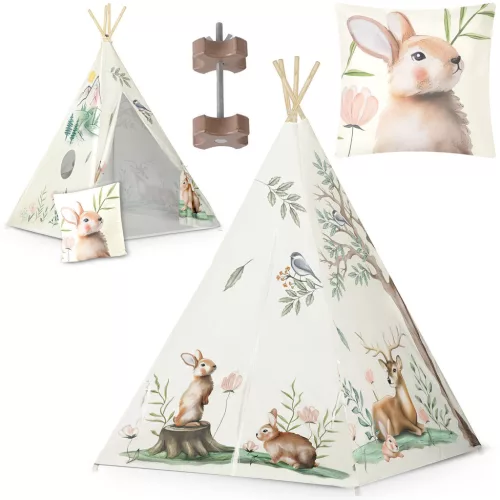 Gyereksátor, Nukido Tipi, Nyuszis minta, 114 × 114 × 165 cm, bézs, stabilizátorral, nyuszis párnával, fenyőfa rudak, könnyen összeszerelhető