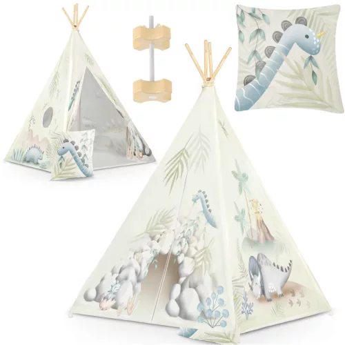 Gyereksátor, Nukido Tipi, Dinoszaurusz minta, 114 × 114 × 165 cm, stabilizátorral és vastag párnával, ablakos, poliészter huzat, fenyőfa rudak, könnyen összeszerelhető