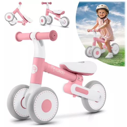 Háromkerekű futóbicikli, Nukido NK-603, rózsaszín, EVA habkerekek 15 cm, állítható ülésmagasság 25–28 cm, kormányfordulás határoló, 12 hónapos kortól