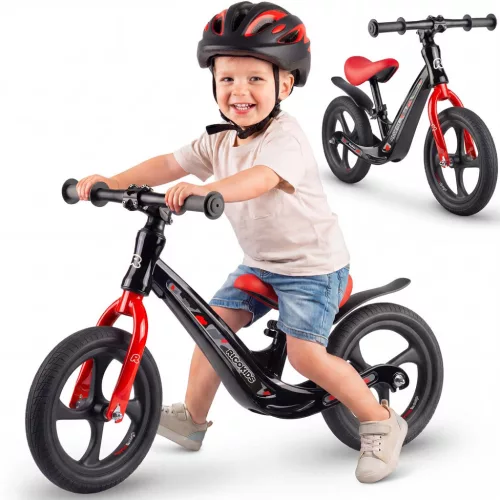 Kétkerekű futóbicikli, Ricokids Funnu, fekete/piros, magnézium váz, EVA habkerekek 29 cm, állítható ülésmagasság 35-42 cm, gumírozott markolatok ütközőkkel, könnyű (TE760501)