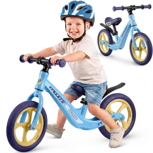 Kétkerekű futóbicikli, Ricokids Funnu, világoskék, magnézium váz, EVA habkerekek 29 cm, állítható ülésmagasság 35-42 cm, gumírozott markolatok ütközőkkel, könnyű (TE760505)