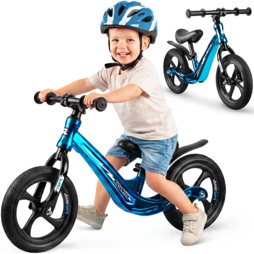 Kétkerekű futóbicikli, Ricokids Funnu, kék, magnézium váz, EVA habkerekek 29 cm, állítható ülésmagasság 35-42 cm, gumírozott markolatok ütközőkkel, könnyű