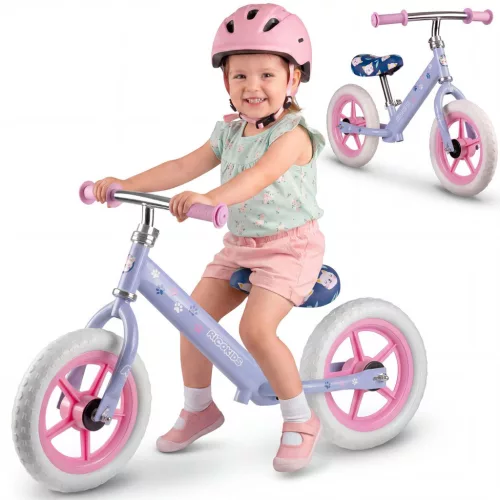 Kétkerekű futóbicikli, Ricokids RK-607, lila, acél váz, EVA habkerekek 29 cm, állítható ülésmagasság 32-42 cm, csúszásmentes markolatok ütközőkkel, könnyű