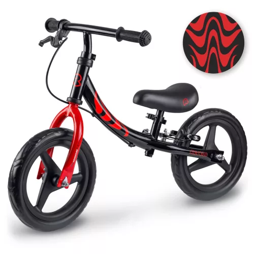 Kétkerekű futóbicikli, Ricokids Fun Adventure, fekete, acél váz, EVA hab kerekek 29 cm, állítható ülésmagasság 32-42 cm, hátsó fék, ultrakönnyű (TE760804)