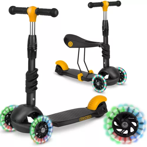 Háromkerekű roller, Ricokids Cubi, fekete, 3 az 1-ben, LED világítás a kerekben, állítható magasságú kormány és ülés, balanszos irányítás, csúszásgátló fellépő, EN 71, max. 30 kg