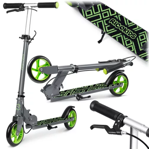 Gyerek roller, Ricokids Kodi, zöld, 14,5 cm PU kerekek, összecsukható, állítható kormány, kézifék és lábfék, ABEC-7 csapágy, 3–8 éveseknek, max. 50 kg