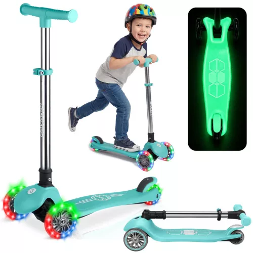 Háromkerekű roller, Ricokids Glow, türkiz, LED világítás a kerekekben, sötétben világító állófelület, balanszos irányítás, állítható alumínium kormány, EN 71, max. 50 kg