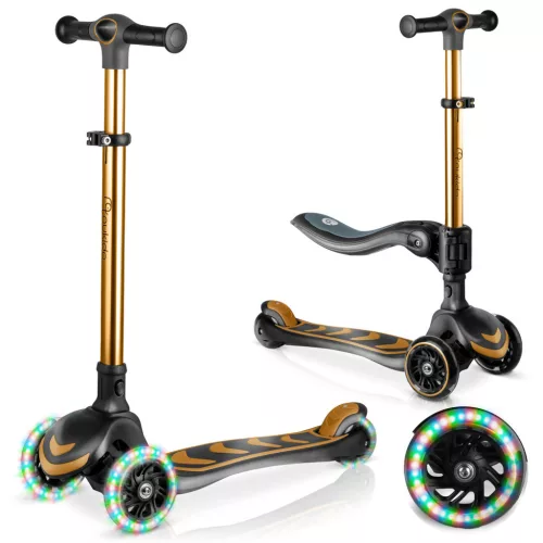 Háromkerekű roller, Nukido Flippo, arany, LED világítás a kerekekben, balanszos irányítás, levehető és állítható ülés, alumínium kormány, max. 50 kg