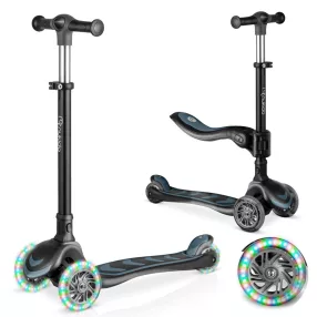   Háromkerekű roller, Nukido Flippo, fekete, LED világítás a kerekekben, balanszos irányítás, levehető és állítható ülés, alumínium kormány, max. 50 kg