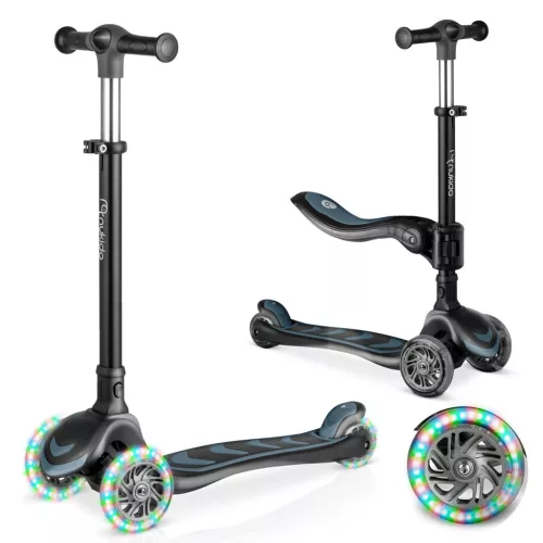 Háromkerekű roller, Nukido Flippo, fekete, LED világítás a kerekekben, balanszos irányítás, levehető és állítható ülés, alumínium kormány, max. 50 kg