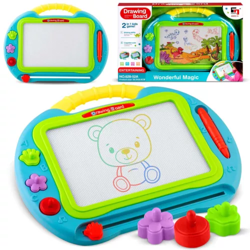 Mágneses rajztábla, Ricokids, 35 × 30 cm, kék, törölhető rajzfelület, mágneses tollal és 3 formával, műanyag, fogantyúval, gyerekeknek