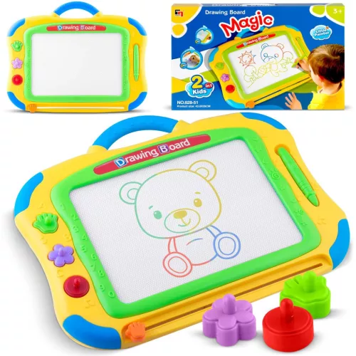 Mágneses rajztábla, Ricokids, 35 × 30 cm, sárga, törölhető rajzfelület, mágneses tollal, 3 db formával, beépített törlőcsúszka, gyerekeknek