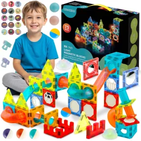   Mágneses játékkészlet, Ricokids RK-763, 75 db, építőkockák, világítással, golyópálya elemekkel, oktató, készségfejlesztő, mágneses elemek (TE776300)