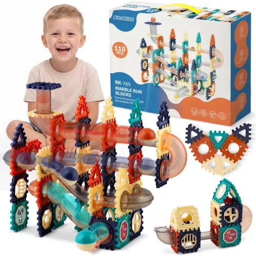 Építőkészlet, Ricokids RK-765, 110 db, színes, golyópálya elemekkel, oktató, készségfejlesztő