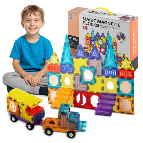 Mágneses játékkészlet, Ricokids RK-782, 71 db, többszínű, vonatos témájú, mágneses elemek, számos építési lehetőség, 3 éves kortól