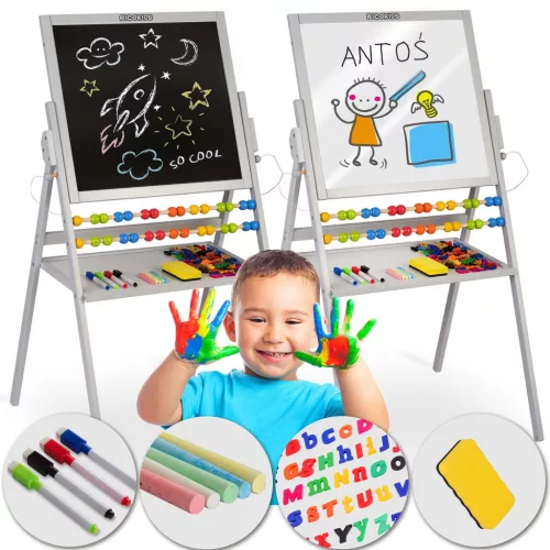 Mágneses rajztábla, Ricokids, szürke, 101 x 54 x 55 cm, kétoldalas (mágneses és krétás tábla), forgatható, fa, számolókerettel, kiegészítőkkel