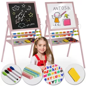   Mágneses rajztábla, Ricokids, rózsaszín, 101 x 54 x 55 cm, kétoldalas (mágneses és krétás tábla), forgatható, fa, számolókerettel, kiegészítőkkel