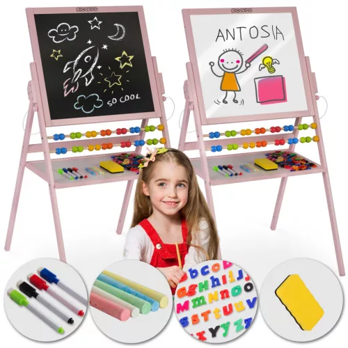 Mágneses rajztábla, Ricokids, rózsaszín, 101 x 54 x 55 cm, kétoldalas (mágneses és krétás tábla), forgatható, fa, számolókerettel, kiegészítőkkel