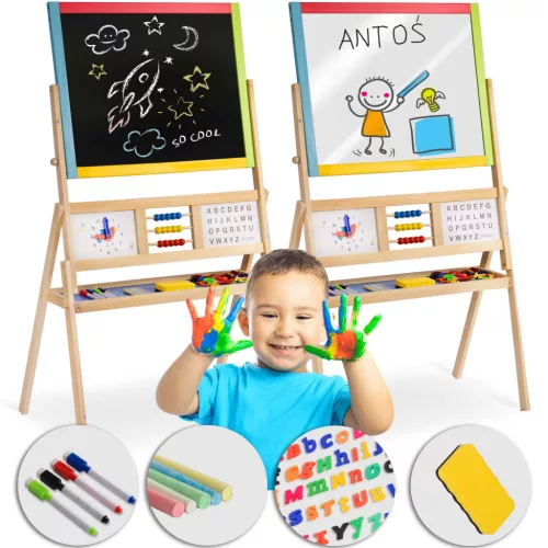 Mágneses rajztábla, Ricokids, 104 x 67 x 38 cm, kétoldalas (mágneses és krétás tábla), forgatható, beépített óra és abakusz