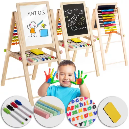 Mágneses rajztábla, Ricokids, 62 x 28 x 44 cm, kétoldalas (mágneses és krétás tábla), összecsukható, forgatható, kivehető tábla, számolókeret, kiegészítőkkel